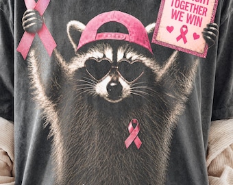 Cancer Awareness Raccoon PNG, Breast Cancer Support Shirt Design, Pink Ribbon Sublimation (Digital Download)