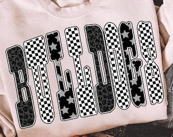 Bulldogs PNG, Retro Bulldogs Checkerboard Leopard Star Letters, School Spirit Game Day Shirt Design, Varsity Sublimation PNG
