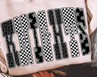 Knights PNG, Black White Retro Letters, Star Checkered Leopard Mascot Shirt, School Spirit Game Day Sublimation, Bold Team Pride PNG