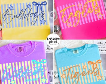 School Mascot PNG Bundle, Bulldogs Angels Wildcats Tigers Striped Coquette Bow Sublimation Designs, Custom Team Shirt Download