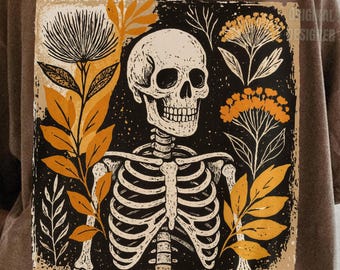 Skeleton Floral PNG, Vintage Halloween Sublimation Design, Spooky Autumn Skull Art, Boho Skeleton Digital Download Shirt Design