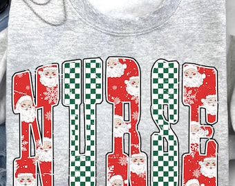 Christmas Nurse PNG, Santa Checkered Letters PNG, Holiday Nurse Shirt Sublimation, Festive Winter PNG Design