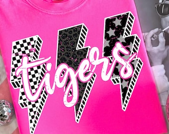 Tigers PNG, Pink Lightning Leopard Star Checkered Sublimation, Cute Team Spirit Shirt Design, Trendy Game Day Digital Download