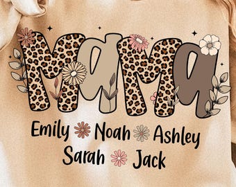 Preppy Mama Floral Glitter Png, Retro Boho Floral Mama with kids names Png, Everyday Png, Custom Preppy Mama Design, Mothers Day Png