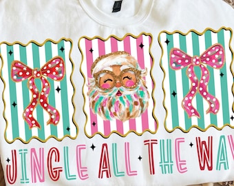 Jingle All The Way PNG, Retro Santa PNG, Pink Christmas Bow PNG, Colorful Holiday Sublimation Design