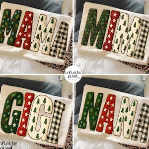 Könnte beinhalten: Vier weiße T-Shirts mit festlichen Textdesigns. Die Shirts zeigen die Wörter "MAMA", "MIMI", "GIGI" und "NANA" in einer Mischung aus grünem Stechpalmen, roten Sternen, Weihnachtsbäumen und schwarz-weißem Büffel-Karo-Muster.