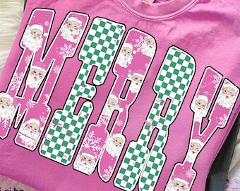 Merry Christmas Pink PNG, Santa Checkerboard Red Green Sublimation, Cute Holiday Shirt Design, Retro Xmas PNG, Christmas Word Art