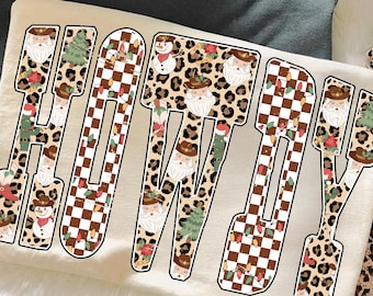 Howdy PNG, Western Christmas Sublimation Design, Santa Leopard Checker Tree Word Art Shirt Graphic, Festive Holiday PNG