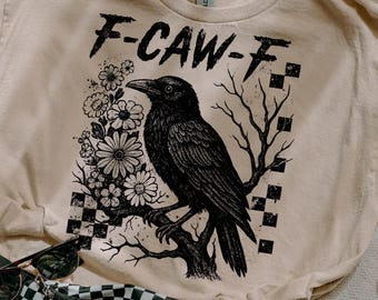 Crow Raven PNG, F-CAW-F Funny Halloween png, Dark Bird Sublimation Design, Gothic Floral Checkered PNG, Spooky Grunge Digital Download