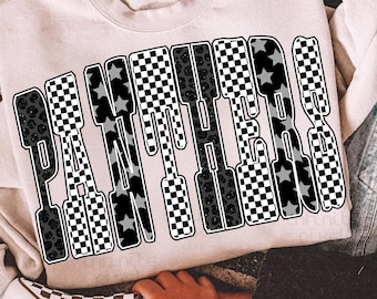 Panthers PNG, Game Day Varsity Letters Sublimation, Leopard Star Checkered Black and White Spirit Shirt Design, Digital Download