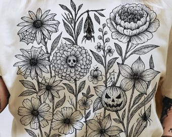 Gothic Floral Halloween Bouquet PNG | Vintage Witchy Skull Pumpkin Flower Design | Black Line Art Illustration | Spooky Fall Sublimation