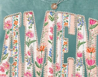 Amen Floral Pearl PNG, Christian Spring Sublimation Design, Vintage Faith Shirt Graphic, Patchwork Flower Lettering PNG