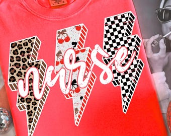 Nurse Lightning Bolt PNG, Cute Fall Nurse Sublimation, Cherry Leopard Checkered Print,Nurse Shirt Design, Trendy Nurse PNG, Digital Download