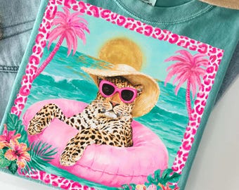 Leopard Beach PNG, Pink Float Summer Design, Tropical Sunset Cat Art, Preppy Vacation Sublimation Download