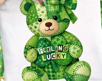 St Patricks Teddy Bear PNG, Feeling Lucky Ransom Note PNG, Shamrock Patchwork Bear PNG, St Patrick Cute Bear Shirt Design
