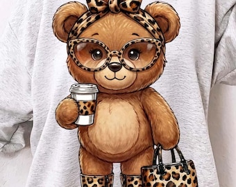 Leopard Print Coffee Bear PNG, Cute Girly Teddy with Glasses and Purse, Fall Fashion Animal Print Shirt Design