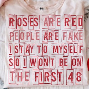 May include: A flat lay featuring a light pink t-shirt with the text "ROSES ARE RED PEOPLE ARE FAKE I STAY TO MYSELF SO I WON'T BE ON THE FIRST 48" in red. A pink sweater with red hearts, denim shorts, and heart decorations are also present.
