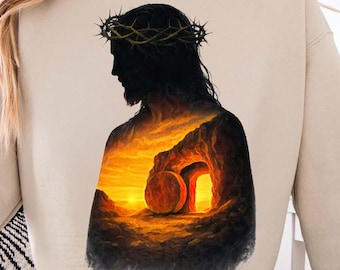 Resurrection Silhouette PNG, Jesus Crown of Thorns Sunset Tomb Design, Christian Easter Sublimation, Faith Based Shirt Graphic