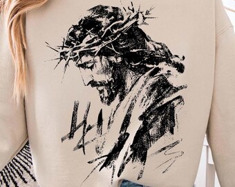 Jezus doornenkroon PNG, christelijk geloof portret sublimatie, zwarte schets religieus shirtontwerp, christelijke kunst download Pasen