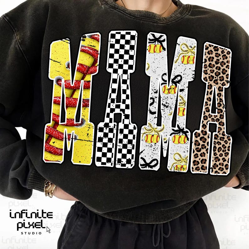 May include: Black sweatshirt with the word "MAMA" in a bold, block letter design. The letters feature various patterns: baseball stitching, a black and white checkerboard, softballs with bows, and leopard print. The sweatshirt is a casual style.