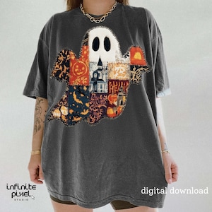 Puede incluir: Camiseta gris oscuro con un dise&ntilde;o de fantasma de patchwork con patrones de Halloween. El fantasma tiene una cara blanca con ojos negros y est&aacute; rodeado de parches naranjas, azules y negros. Las palabras "digital download" son visibles.