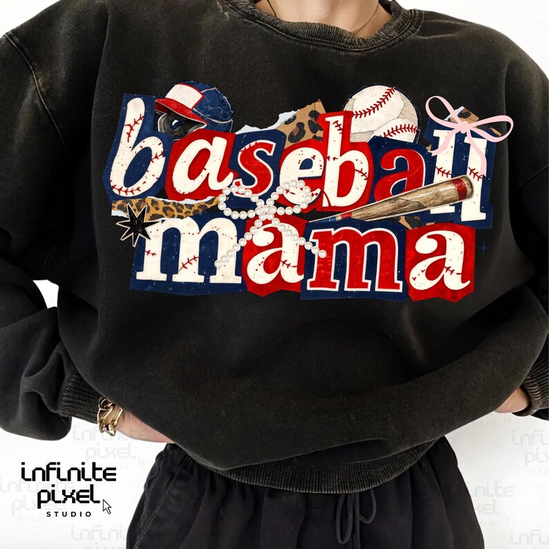 May include: Black sweatshirt with the words "Baseball Mama" in red, white, and blue lettering. The design includes a baseball, bat, and a baseball cap. A pearl necklace and a pink bow are also included in the design.