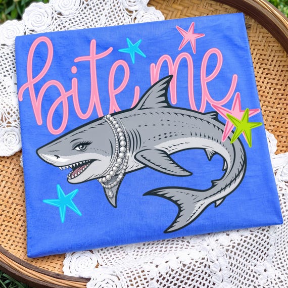 Bite Me Shark PNG, Preppy Coastal Shark Sublimation Design, Pink Script Beach Aesthetic Shirt Download