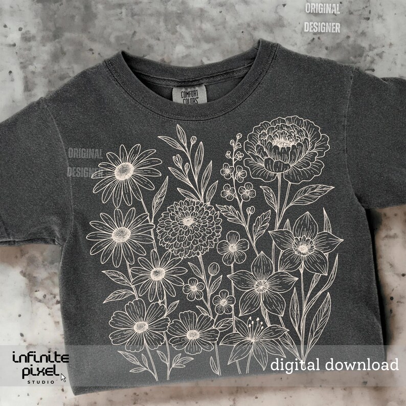 May include: Dark gray t-shirt featuring a detailed white floral design. The design includes various flowers and foliage. The text "digital download" is visible at the bottom. The shirt is from the "Comfort Colors" brand.