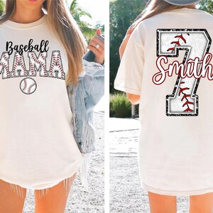 Pu&ograve; includere: Maglietta bianca con un design a tema baseball. La parte anteriore della maglietta dice "Baseball Mama" con una grafica di una palla da baseball. La parte posteriore della maglietta ha un grande numero 7 con un design a tema baseball e il nome "Smith".