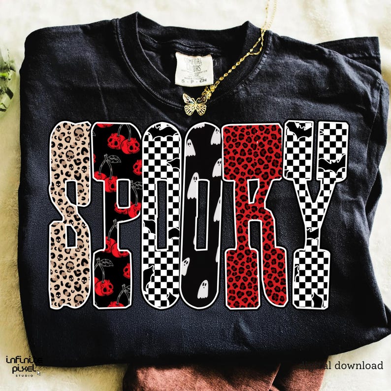 Halloween png, läskiga bokstäver png, leopardrutigt körsbärstryck, röd och svart Halloween-sublimering, söt läskig hösttröjadesign bild 3