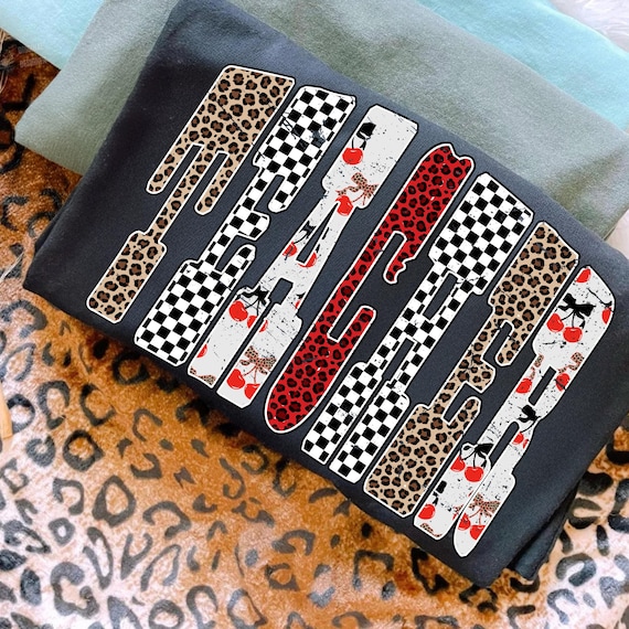 Trendy Teacher PNG, Leopard Checker Cherry Letters Sublimation, Cute Retro Teacher Shirt Design