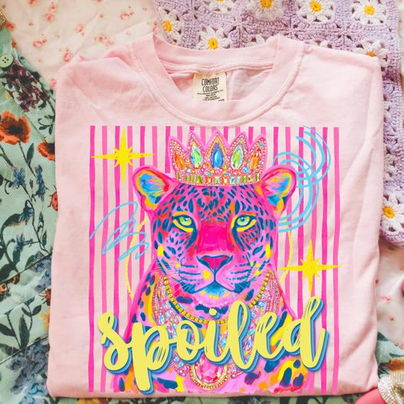 Spoiled Leopard PNG, Neon Crowned Cheetah Design, Colorful Sparkle Animal Graphic, Trendy Pink Preppy Sublimation Shirt Download