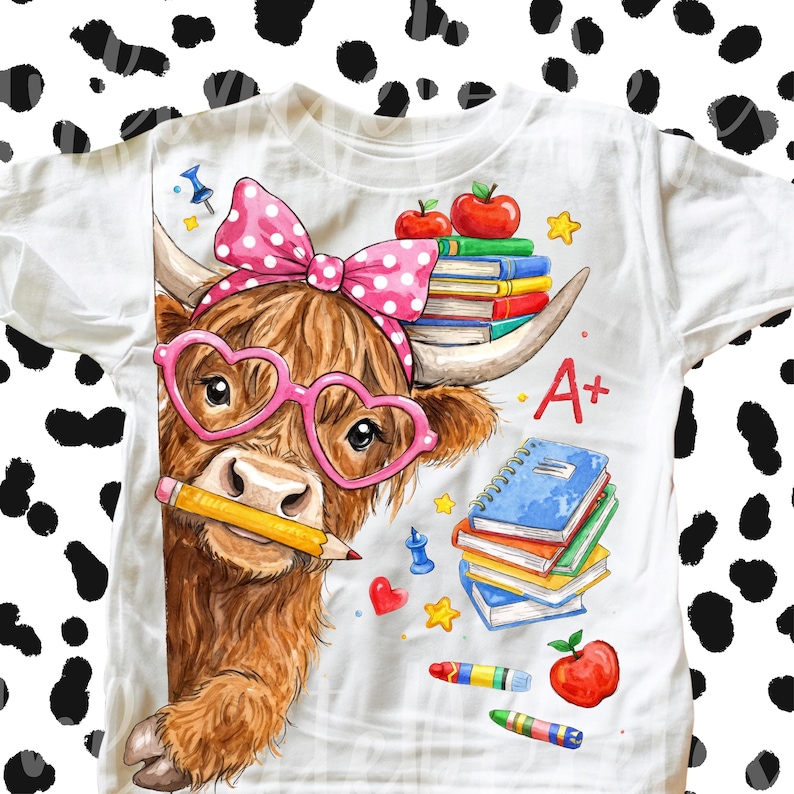 Pu&ograve; includere: T-shirt bianco con un cartone animato di una mucca delle Highlands con occhiali rosa a forma di cuore e un fiocco a pois. La mucca tiene una matita ed &egrave; circondata da elementi grafici a tema scolastico, tra cui libri, mele e pastelli. La maglietta ha un voto A+.