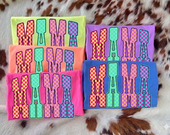 Colorful Mama PNG, Retro Checkerboard Letters Design, Trendy Summer Mom Shirt Graphic, Bold Preppy Sublimation Download