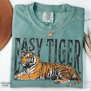 May include: A teal t-shirt with the text "EASY TIGER" in a distressed black font. The shirt features an illustration of a tiger in orange and black. A silver necklace with a pendant is draped on the shirt.