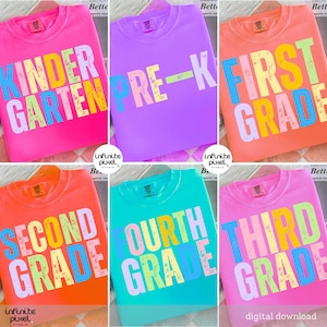 Preppy Back to School Floral Bundle PNG, First Day of School Designs, Kindergarten to Third Grade, Retro Teacher Shirt Neon Sublimation