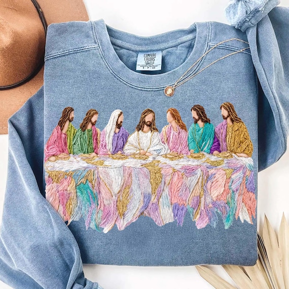 Last Supper Faux Yarn Embroidery PNG, Christian Easter Art, Colorful Jesus Disciples Design, Religious Faith Shirt PNG