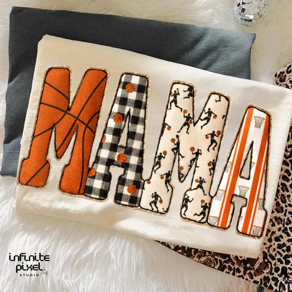 Basketball Mama PNG, Patchwork Sublimation Design, Checkerboard and Sports Print Letters, Trendy Game Day Mom Shirt PNG, Athletic Style PNG