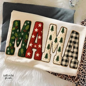 Julmamma PNG, lapptäcke med julbokstäver sublimering, rustik julgrans- och buffelpläd-mammaskjorta, mysig julmamma-estetisk design