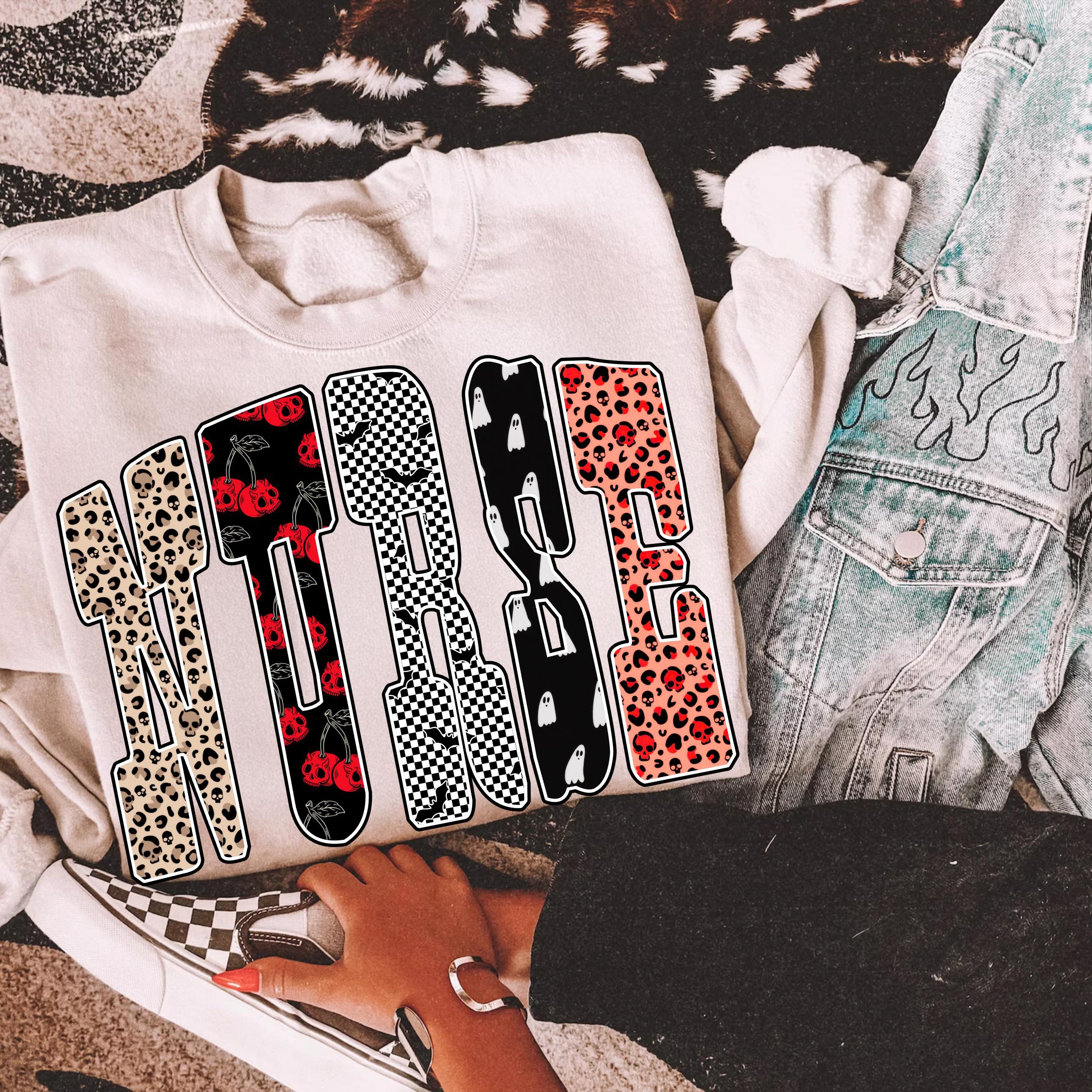 Trendy Nurse PNG, Leopard Checker Ghost Cherry Letters Sublimation