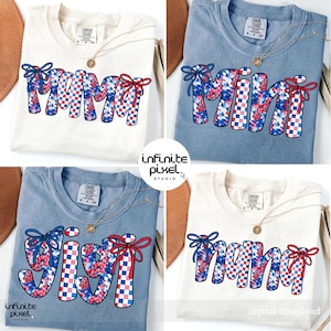 May include: Four sublimation designs featuring the words "Mama", "Mimi", "Gigi", and "Nana" in a red, white, and blue checkered pattern with floral accents and blue and red bows.