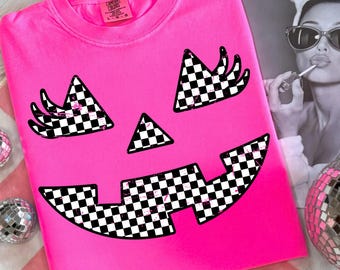 Checkerboard Pumpkin Face PNG, Cute Pink Halloween Sublimation Design, Girly Jack O'Lantern Shirt, Checker Smile Fall PNG