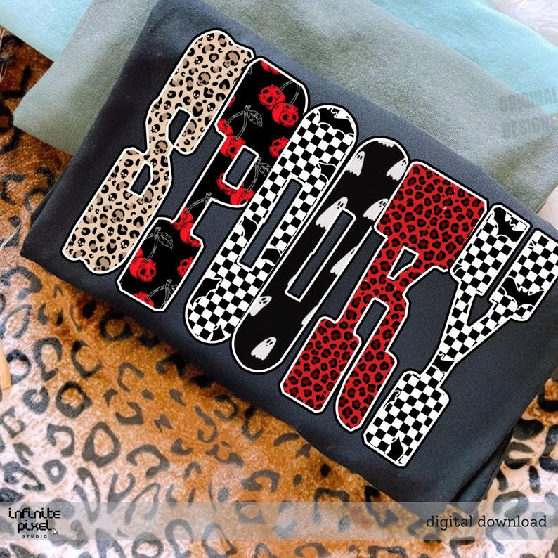 Halloween png, läskiga bokstäver png, leopardrutigt körsbärstryck, röd och svart Halloween-sublimering, söt läskig hösttröjadesign bild 1