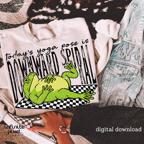 Funny Yoga Frog PNG, Downward Spiral Sublimation Design, Retro Distressed Humor Shirt PNG