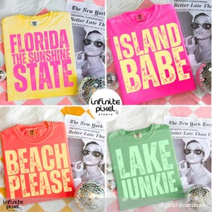 May include: Four brightly coloured t-shirts with large text: yellow "FLORIDA THE SUNSHINE STATE", pink "ISLAND BABE", orange "BEACH PLEASE", and green "LAKE JUNKIE". Each shirt has a distressed font. The shirts are displayed with disco balls and a newspaper.