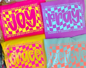 Bible Verse PNG Bundle, Joy Pray Grace Believe Sublimation Set, Neon Christian Checkerboard Faith Shirt Design