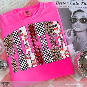 May include: A hot pink Comfort Colors t-shirt with the word "TEACHER" in a unique font. The letters feature a mix of leopard print, checkered patterns, and cherry designs. The shirt is a digital download.