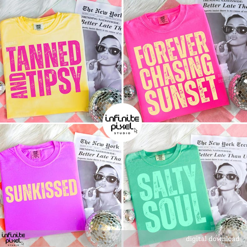 May include: Four brightly coloured t-shirts with large text: yellow "TANNED AND TIPSY", pink "FOREVER CHASING SUNSET", purple "SUNKISSED", and green "SALTY SOUL". Each has a crew neck and short sleeves. The shirts are shown with disco balls and a newspaper.