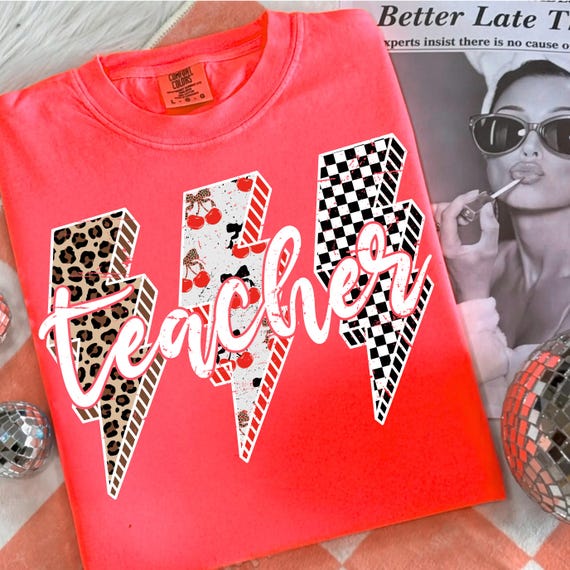 Trendy Teacher PNG, Leopard Checker Cherry Letters Sublimation, Cute Retro Teacher Shirt Design
