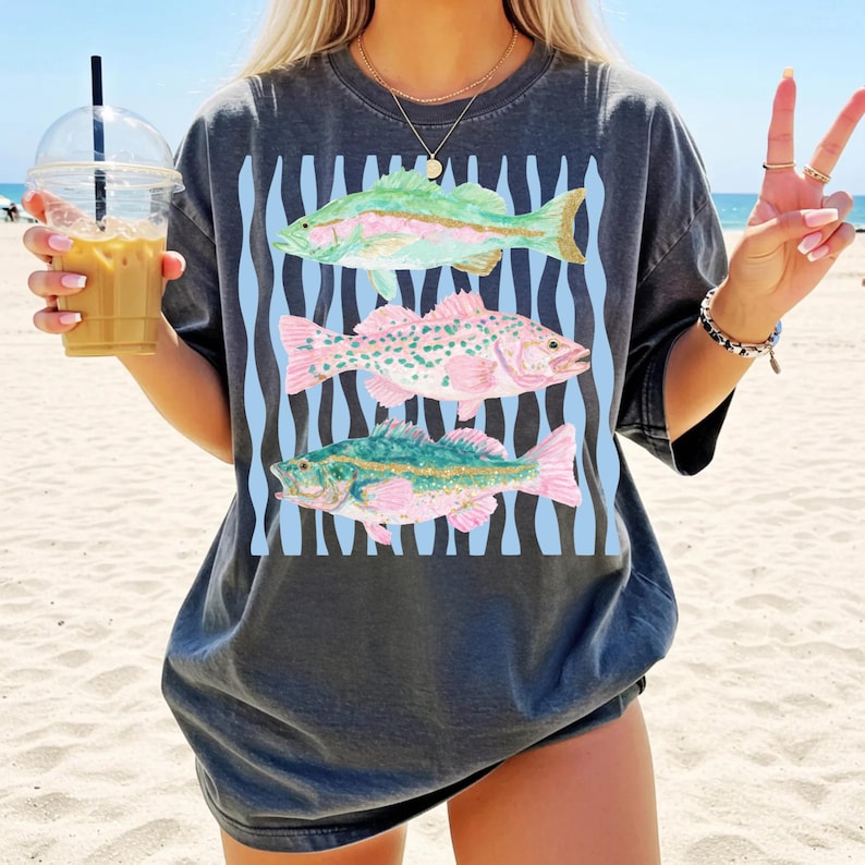Pastel Glitter Fish PNG, Coastal Preppy Lake Life Sublimation Design (Digital Download) image 4